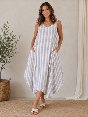 Luukaa Linen Blend Striped Bubble Dress | US 8 | Lagenlook | Oversized | Pockets